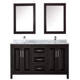 Daria 60 Inch Double Bathroom Vanity in Dark Blue, White Carrara Marble Countertop, Undermount Square Sinks, Medicine Cabinets