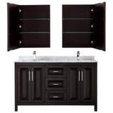 Daria 60 Inch Double Bathroom Vanity in Dark Blue, White Carrara Marble Countertop, Undermount Square Sinks, Medicine Cabinets