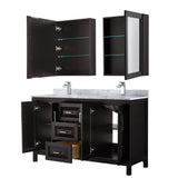 Daria 60 Inch Double Bathroom Vanity in Dark Blue, White Carrara Marble Countertop, Undermount Square Sinks, Medicine Cabinets