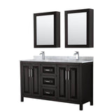 Wyndham Collection - Daria 60 Inch Double Bathroom Vanity in Dark Espresso, White Carrara Marble Countertop, Undermount Square Sinks, and Medicine Cabinets - Dark Espresso