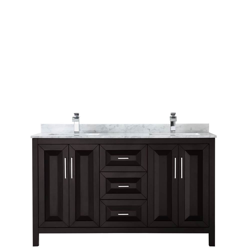 Daria 60 Inch Double Bathroom Vanity in Dark Blue, White Carrara Marble Countertop, Undermount Square Sinks, No Mirror