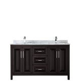 Daria 60 Inch Double Bathroom Vanity in Dark Blue, White Carrara Marble Countertop, Undermount Square Sinks, No Mirror