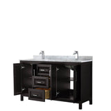 Daria 60 Inch Double Bathroom Vanity in Dark Blue, White Carrara Marble Countertop, Undermount Square Sinks, No Mirror