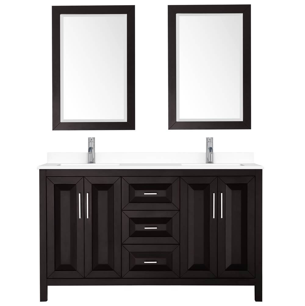 Daria 60 Inch Double Bathroom Vanity in Dark Espresso, White Cultured Marble Countertop, Undermount Square Sinks, 24 Inch Mirrors