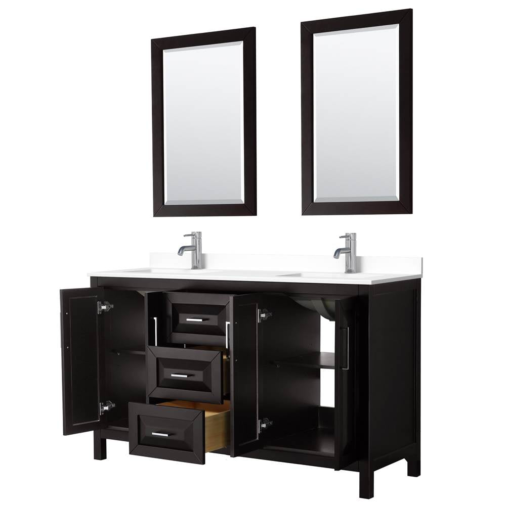 Daria 60 Inch Double Bathroom Vanity in Dark Espresso, White Cultured Marble Countertop, Undermount Square Sinks, 24 Inch Mirrors