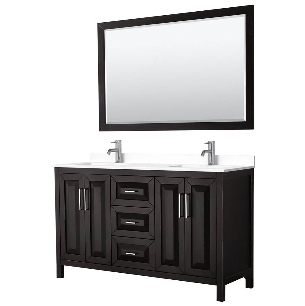 Wyndham Collection - Daria 60 Inch Double Bathroom Vanity in Dark Espresso, White Cultured Marble Countertop, Undermount Square Sinks, 58 Inch Mirror