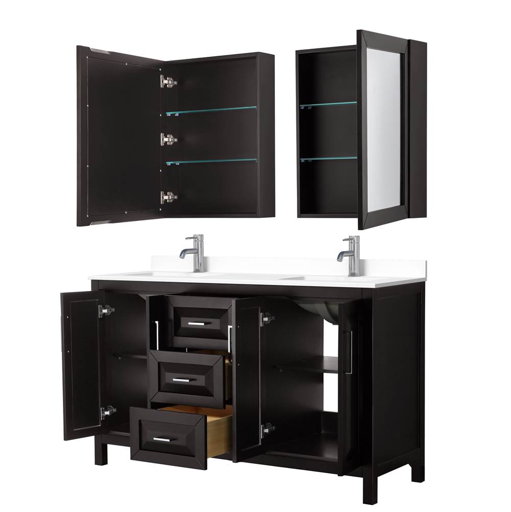 Daria 60 Inch Double Bathroom Vanity in Dark Espresso, White Cultured Marble Countertop, Undermount Square Sinks, Medicine Cabinets