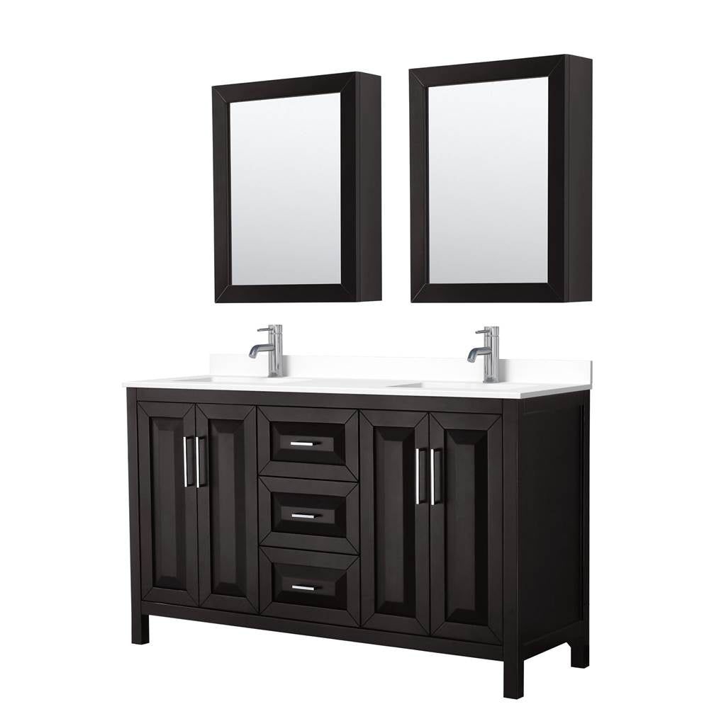 Wyndham Collection - Daria 60 Inch Double Bathroom Vanity in Dark Espresso, White Cultured Marble Countertop, Undermount Square Sinks, Medicine Cabinets