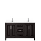 Daria 60 Inch Double Bathroom Vanity in Dark Espresso, White Cultured Marble Countertop, Undermount Square Sinks, No Mirror