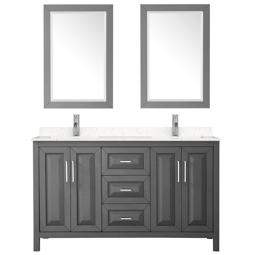Daria 60 Inch Double Bathroom Vanity in Dark Gray, Carrara Cultured Marble Countertop, Undermount Square Sinks, 24 Inch Mirrors