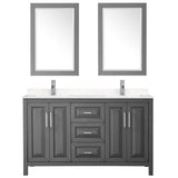 Daria 60 Inch Double Bathroom Vanity in Dark Gray, Carrara Cultured Marble Countertop, Undermount Square Sinks, 24 Inch Mirrors