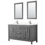 Wyndham Collection - Daria 60 Inch Double Bathroom Vanity in Dark Gray, Carrara Cultured Marble Countertop, Undermount Square Sinks, 24 Inch Mirrors