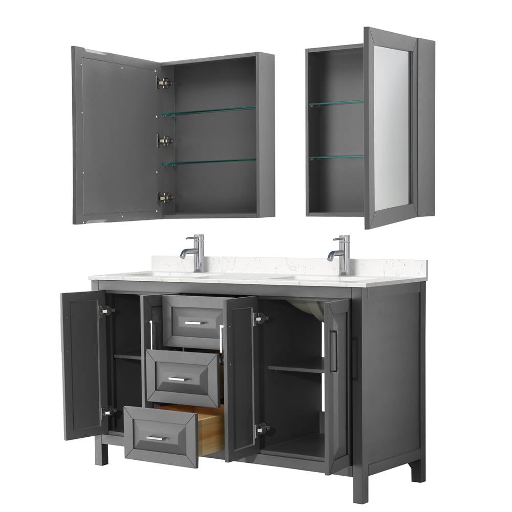 Daria 60 Inch Double Bathroom Vanity in Dark Gray, Carrara Cultured Marble Countertop, Undermount Square Sinks, Medicine Cabinets