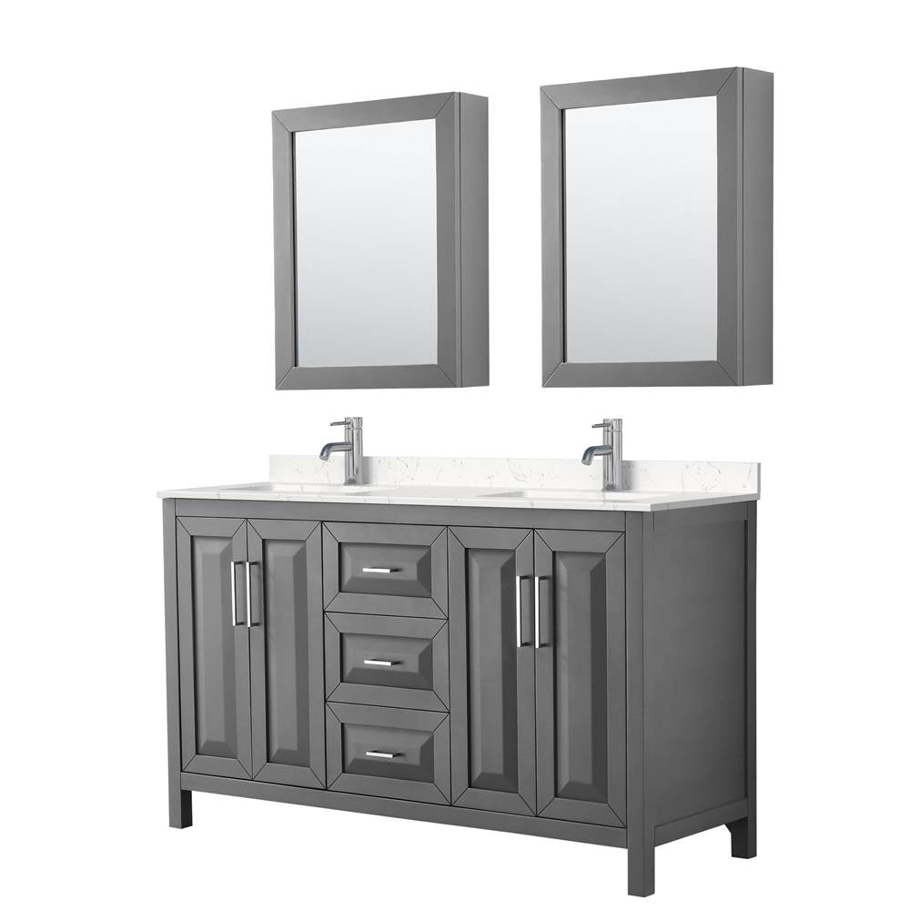 Wyndham Collection - Daria 60 Inch Double Bathroom Vanity in Dark Gray, Carrara Cultured Marble Countertop, Undermount Square Sinks, Medicine Cabinets