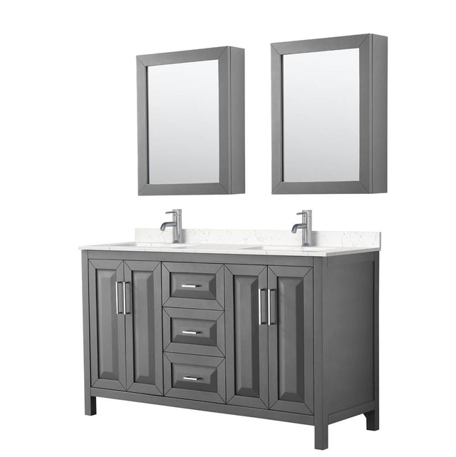 Wyndham Collection - Daria 60 Inch Double Bathroom Vanity in Dark Gray, Carrara Cultured Marble Countertop, Undermount Square Sinks, Medicine Cabinets