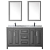 Daria 60 Inch Double Bathroom Vanity in Dark Blue, White Carrara Marble Countertop, Undermount Square Sinks, 24 Inch Mirrors