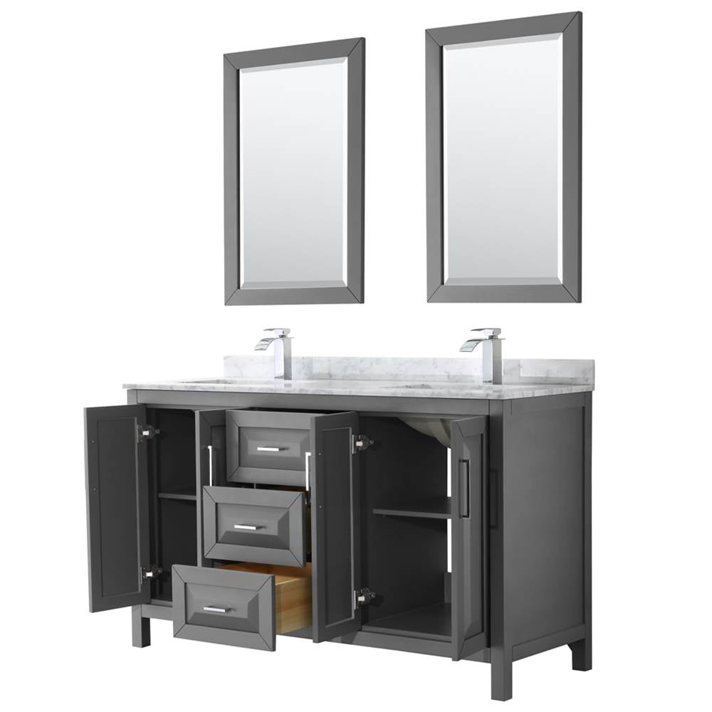 Daria 60 Inch Double Bathroom Vanity in Dark Blue, White Carrara Marble Countertop, Undermount Square Sinks, 24 Inch Mirrors