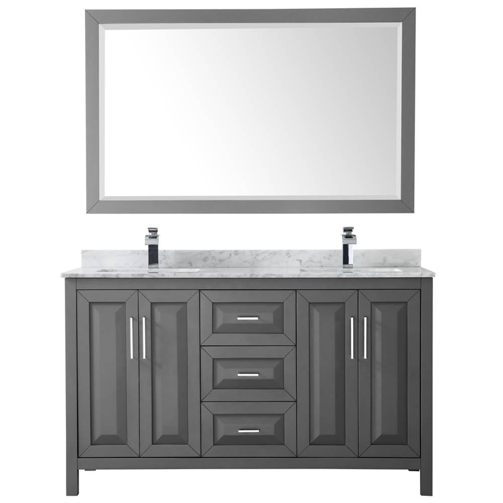 Daria 60 Inch Double Bathroom Vanity in Dark Blue, White Carrara Marble Countertop, Undermount Square Sinks, 58 Inch Mirror
