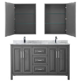 Daria 60 Inch Double Bathroom Vanity in Dark Blue, White Carrara Marble Countertop, Undermount Square Sinks, Medicine Cabinets