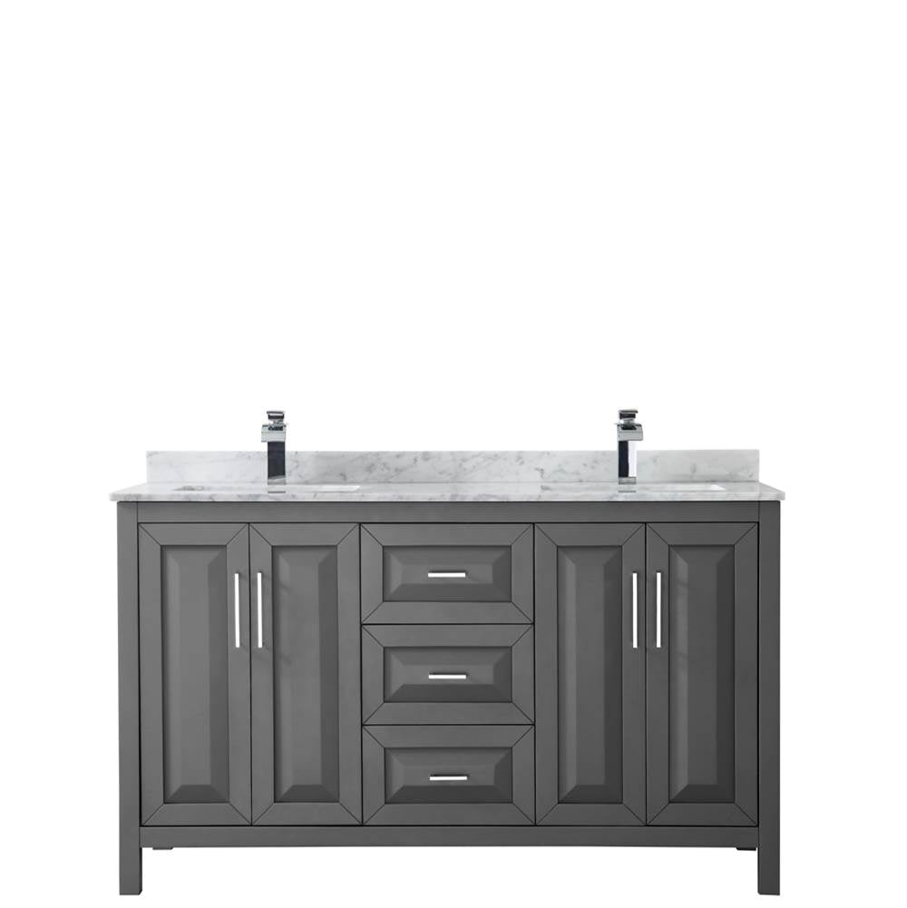 Daria 60 Inch Double Bathroom Vanity in Dark Blue, White Carrara Marble Countertop, Undermount Square Sinks, No Mirror