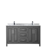 Daria 60 Inch Double Bathroom Vanity in Dark Blue, White Carrara Marble Countertop, Undermount Square Sinks, No Mirror