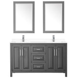 Daria 60 Inch Double Bathroom Vanity in Dark Gray, White Cultured Marble Countertop, Undermount Square Sinks, 24 Inch Mirrors