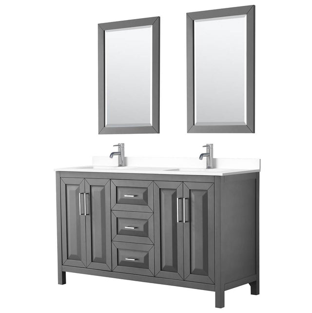 Wyndham Collection - Daria 60 Inch Double Bathroom Vanity in Dark Gray, White Cultured Marble Countertop, Undermount Square Sinks, 24 Inch Mirrors