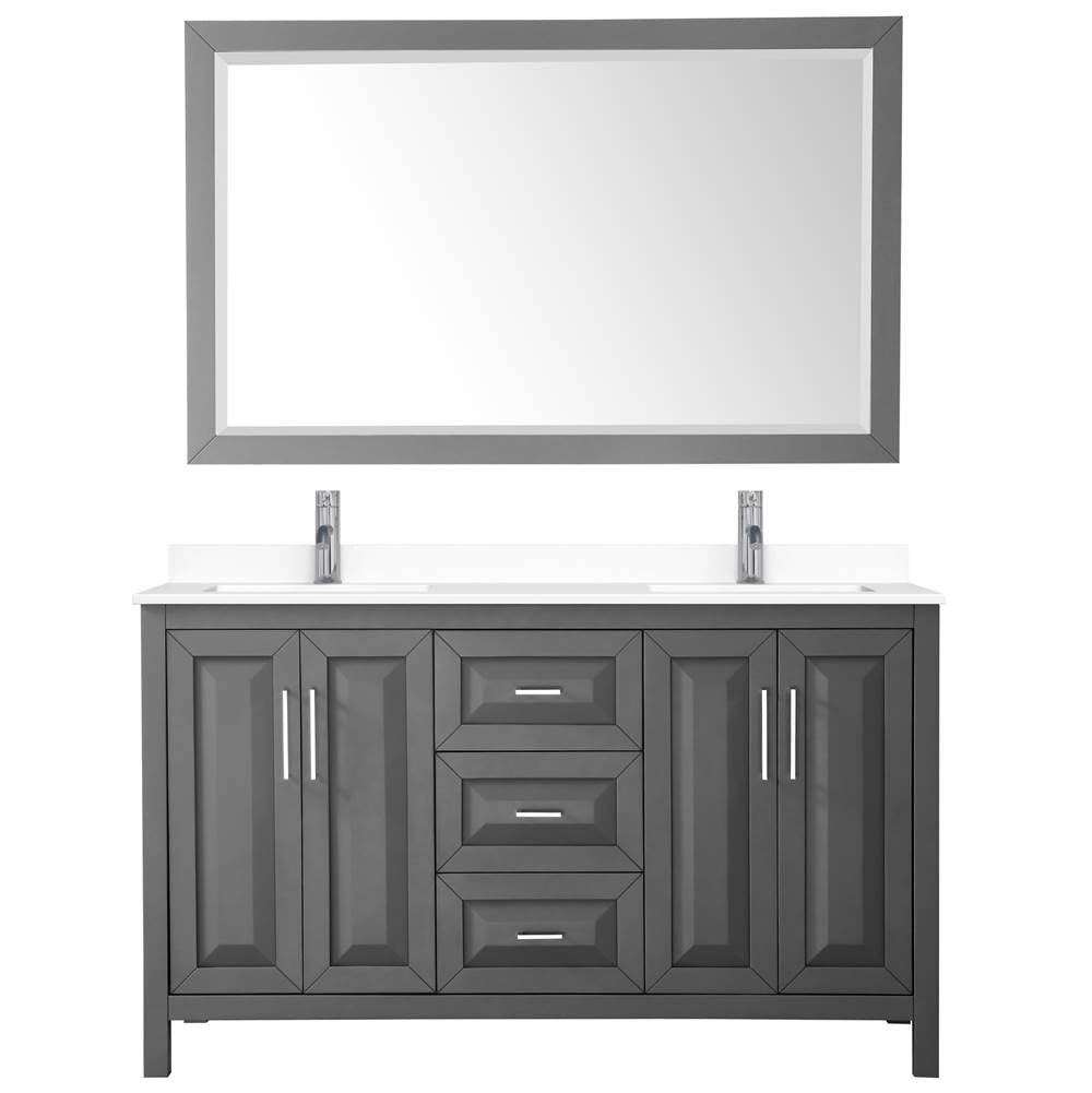 Daria 60 Inch Double Bathroom Vanity in Dark Gray, White Cultured Marble Countertop, Undermount Square Sinks, 58 Inch Mirror
