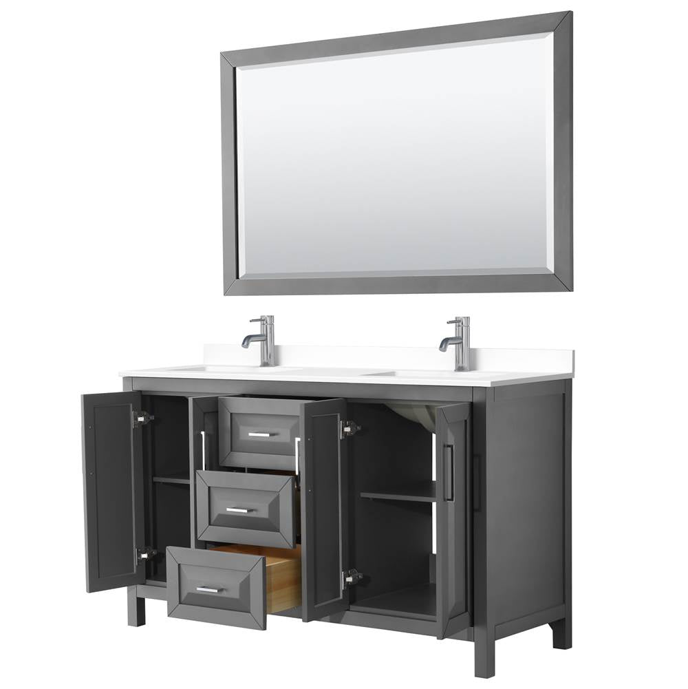 Daria 60 Inch Double Bathroom Vanity in Dark Gray, White Cultured Marble Countertop, Undermount Square Sinks, 58 Inch Mirror