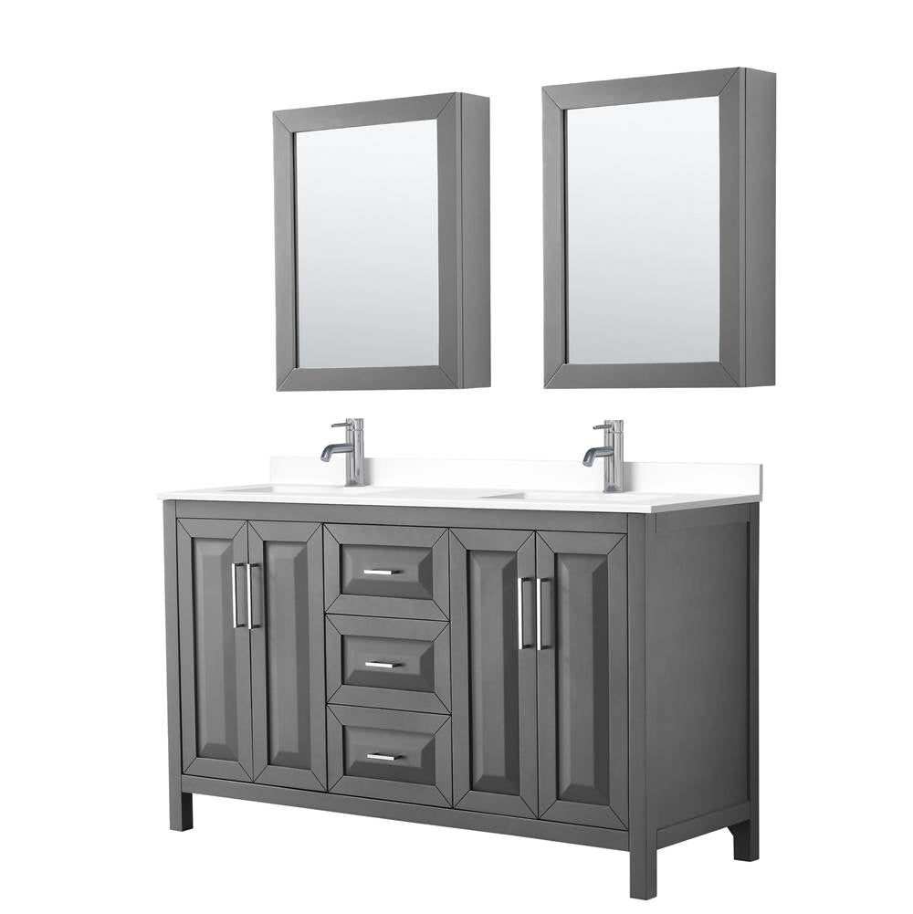 Wyndham Collection - Daria 60 Inch Double Bathroom Vanity in Dark Gray, White Cultured Marble Countertop, Undermount Square Sinks, Medicine Cabinets