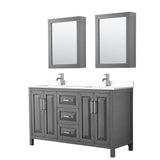 Wyndham Collection - Daria 60 Inch Double Bathroom Vanity in Dark Gray, White Cultured Marble Countertop, Undermount Square Sinks, Medicine Cabinets