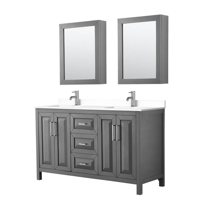 Wyndham Collection - Daria 60 Inch Double Bathroom Vanity in Dark Gray, White Cultured Marble Countertop, Undermount Square Sinks, Medicine Cabinets