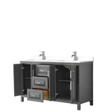 Daria 60 Inch Double Bathroom Vanity in Dark Gray, White Cultured Marble Countertop, Undermount Square Sinks, No Mirror