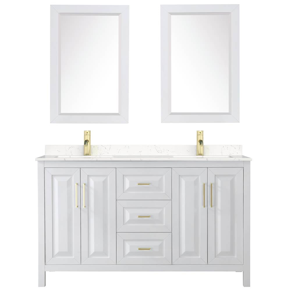 Daria 60 Inch Double Bathroom Vanity in White, Carrara Cultured Marble Countertop, Undermount Square Sinks, 24 Inch Mirrors, Brushed Gold Trim
