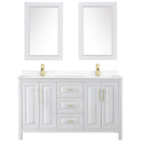 Daria 60 Inch Double Bathroom Vanity in White, Carrara Cultured Marble Countertop, Undermount Square Sinks, 24 Inch Mirrors, Brushed Gold Trim