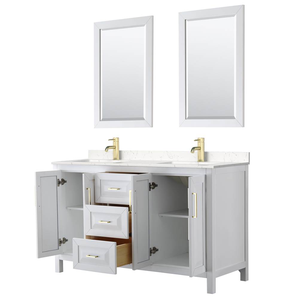 Daria 60 Inch Double Bathroom Vanity in White, Carrara Cultured Marble Countertop, Undermount Square Sinks, 24 Inch Mirrors, Brushed Gold Trim