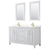 Wyndham Collection - Daria 60 Inch Double Bathroom Vanity in White, Carrara Cultured Marble Countertop, Undermount Square Sinks, 24 Inch Mirrors, Brushed Gold Trim