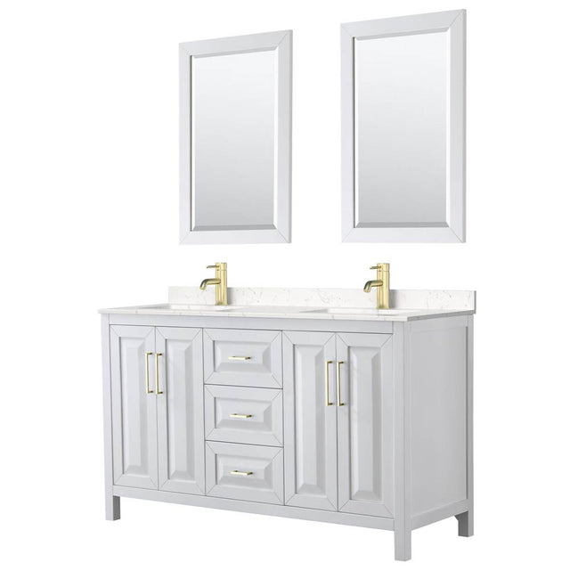 Wyndham Collection - Daria 60 Inch Double Bathroom Vanity in White, Carrara Cultured Marble Countertop, Undermount Square Sinks, 24 Inch Mirrors, Brushed Gold Trim