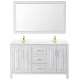 Daria 60 Inch Double Bathroom Vanity in White, Carrara Cultured Marble Countertop, Undermount Square Sinks, 58 Inch Mirror, Brushed Gold Trim