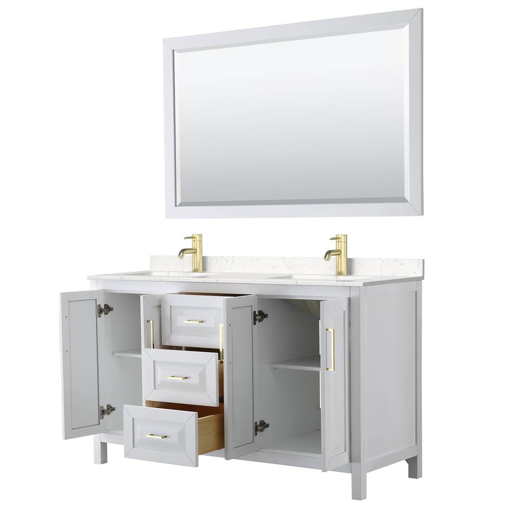 Daria 60 Inch Double Bathroom Vanity in White, Carrara Cultured Marble Countertop, Undermount Square Sinks, 58 Inch Mirror, Brushed Gold Trim