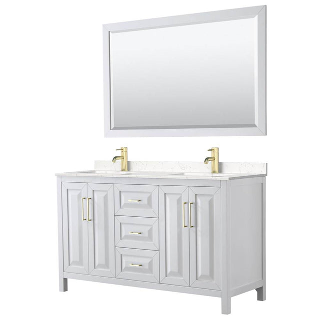 Wyndham Collection - Daria 60 Inch Double Bathroom Vanity in White, Carrara Cultured Marble Countertop, Undermount Square Sinks, 58 Inch Mirror, Brushed Gold Trim