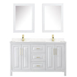 Daria 60 Inch Double Bathroom Vanity in White, Carrara Cultured Marble Countertop, Undermount Square Sinks, Medicine Cabinets, Brushed Gold Trim