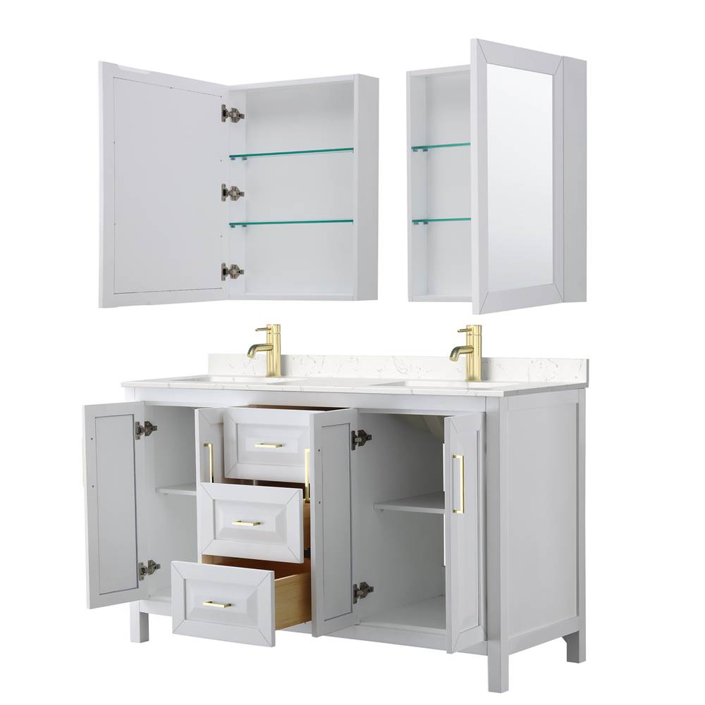 Daria 60 Inch Double Bathroom Vanity in White, Carrara Cultured Marble Countertop, Undermount Square Sinks, Medicine Cabinets, Brushed Gold Trim