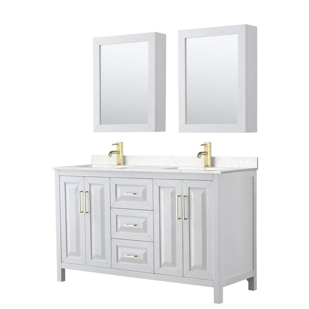 Wyndham Collection - Daria 60 Inch Double Bathroom Vanity in White, Carrara Cultured Marble Countertop, Undermount Square Sinks, Medicine Cabinets, Brushed Gold Trim