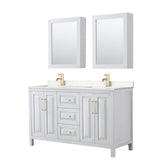 Wyndham Collection - Daria 60 Inch Double Bathroom Vanity in White, Carrara Cultured Marble Countertop, Undermount Square Sinks, Medicine Cabinets, Brushed Gold Trim