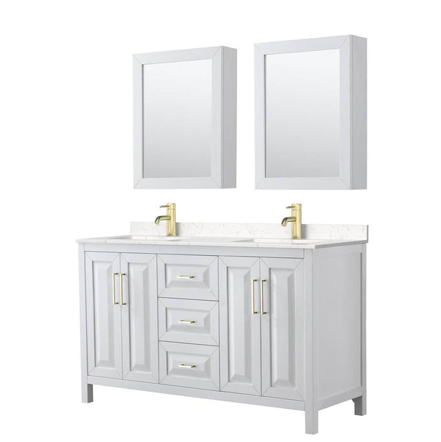 Wyndham Collection - Daria 60 Inch Double Bathroom Vanity in White, Carrara Cultured Marble Countertop, Undermount Square Sinks, Medicine Cabinets, Brushed Gold Trim