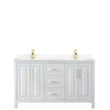 Daria 60 Inch Double Bathroom Vanity in White, Carrara Cultured Marble Countertop, Undermount Square Sinks, Brushed Gold Trim