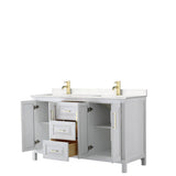 Daria 60 Inch Double Bathroom Vanity in White, Carrara Cultured Marble Countertop, Undermount Square Sinks, Brushed Gold Trim