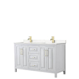 Wyndham Collection - Daria 60 Inch Double Bathroom Vanity in White, Carrara Cultured Marble Countertop, Undermount Square Sinks, Brushed Gold Trim