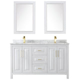 Daria 60 Inch Double Bathroom Vanity in White, White Carrara Marble Countertop, Undermount Square Sinks, 24 Inch Mirrors, Brushed Gold Trim